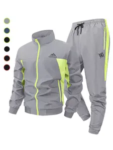 Mountain Graphic Colorblock Patchwork Sports Set for Men, Spring & Fall Quick-Dry Breathable Tracksuit, Running Athletic Set, Windproof Stand Collar Long Sleeve Jacket, Zip Up Coat Outwear Tops + Drawstring Elastic Waist Pants Trousers with Zipper Pockets