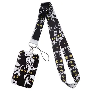 Cartoon Black Cat Lanyard Trendy Cute Keychain ID Credit Card Cover Pass Women Mobile Phone Charm Neck Straps Badge Holder Key Holder Accessories