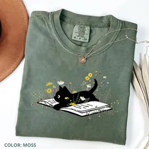 Comfort Colors Floral Cat Book shirt Book Lover Librarian Gift, Top, Streetwear, Animal
