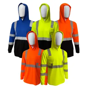 5 PACK - HiVis Safety Reflective High Visibility Long Sleeve Shirt with Hoodie - Heat Pressed Strip- No Stitching- Men Construction Work Shirts ANSI Class 3