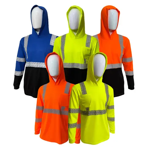 5 PACK - HiVis Safety Reflective High Visibility Long Sleeve Shirt with Hoodie - Heat Pressed Strip- No Stitching- Men Construction Work Shirts ANSI Class 3
