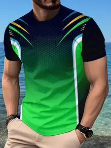 Men's Casual Sports 3D Printed Geometric Pattern T-Shirt, Athletic Shirt, Breathable Round Neck, Summer Top, Artistic Fashion