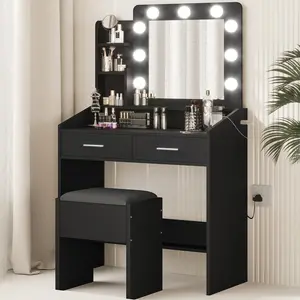 Pink/Black/White Vanity Desk with Power Outlet Large LED Lighted Mirror Adjustable Light Colors 7 Drawers Cushioned Stool Hairdryer Holder Makeup Dressing Table Set for Bedroom
