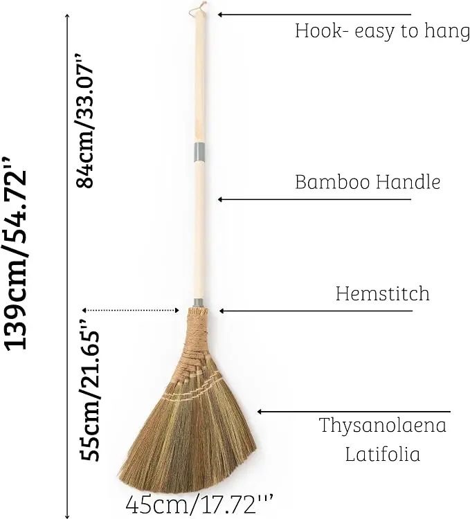 BMart Home Natural Whisk Broom – Vietnamese Straw Soft Broom for Indoor-Outdoor Cleaning, Yard, Sofa, Car Hood, Decoration, 54.72-Inch Long (Natural Handle)