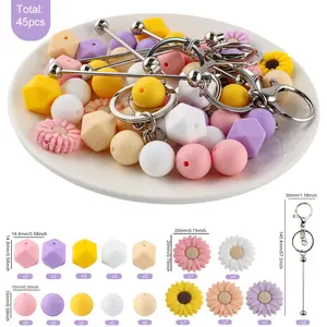 Silicone Beads Kit, 45pcs/bag Silicone Beads & Keychain & Other Accessories, DIY Beading Kit for DIY Pen, Bag, Phone Pendant DIY Mix Beads, Bead Assortment