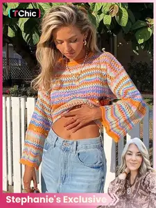 Stephanie's Exclusive Women's Colorful Striped Print Hollow Out Drop Shoulder Sweater, Casual Long Sleeve Round Neck Jumper for Spring & Fall, Fashion Women's Knitwear for Daily Wear