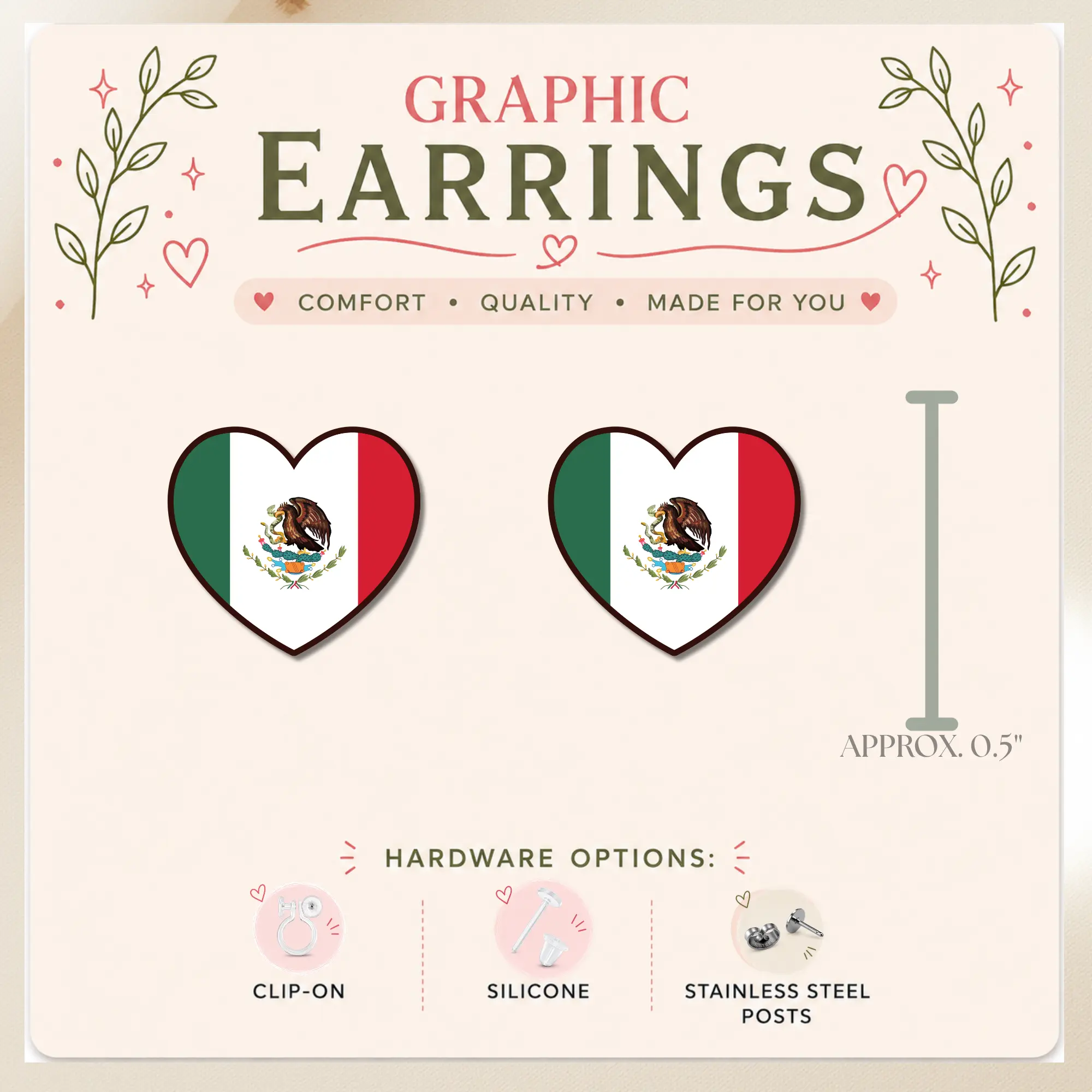Mexican Flag Heart Stud Earrings, Mexico Heart Earrings, Fiesta Earrings, Hispanic Heritage Jewelry, Cinco de Mayo Earrings, Graphic Stud Earrings