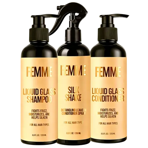 Wash Day Bundle - FEMMÉ Liquid Glass Shampoo -  FEMMÉ Liquid Glass Conditioner - FEMMÉ Silk Shake - Fights Frizz Moisturizes & Helps Silken - 320ml - For All Hair Types - Luxurious Formula for Radiant Shine