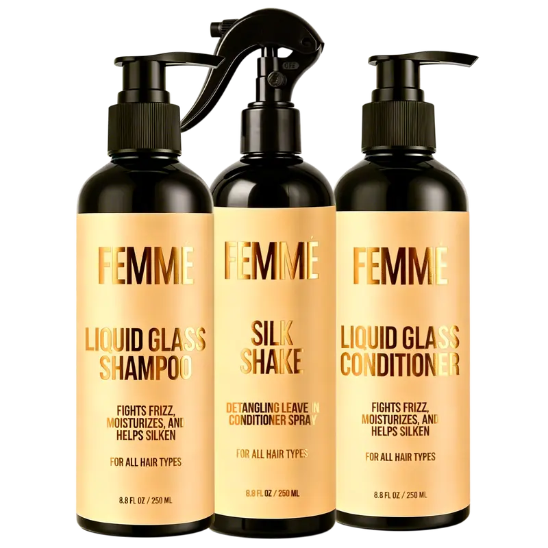 Wash Day Bundle - FEMMÉ Liquid Glass Shampoo -  FEMMÉ Liquid Glass Conditioner - FEMMÉ Silk Shake - Fights Frizz Moisturizes & Helps Silken - 320ml - For All Hair Types - Luxurious Formula for Radiant Shine
