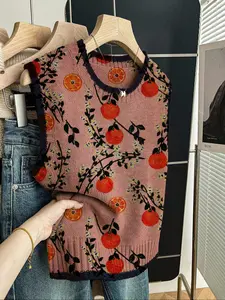 Women's Casual Loose-Fitting Round Neck Sleeveless Knit Top, Colorblock Fruit Print, Fall, Elegant Style, All Seasons, Womenswear, Knitwear