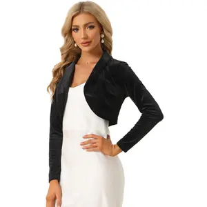 INSPIRE CHIC Women's Long Sleeve Lapel Collar Velvet Open Front Cropped Cardigan Small Black