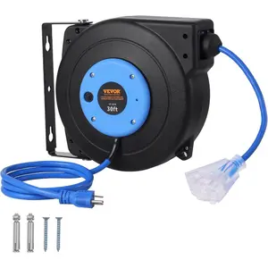 VEVOR Retractable Extension Cord Reel, 45 FT, Heavy Duty 12AWG/3C SJTOW Power Cord, with Lighted Triple Tap Outlet, 15 Amp Circuit Breaker, 180 Swivel Bracket for Ceiling or Wall MountVEVOR Super Brand Day
