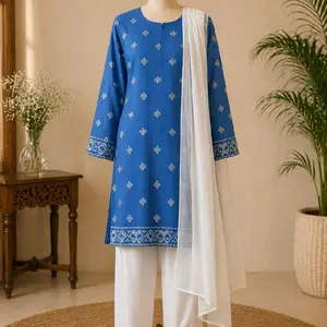 Beechtree Elegant Blue Embroidered Kurta with White Dupatta and White Pants for Women - Womenswear Top