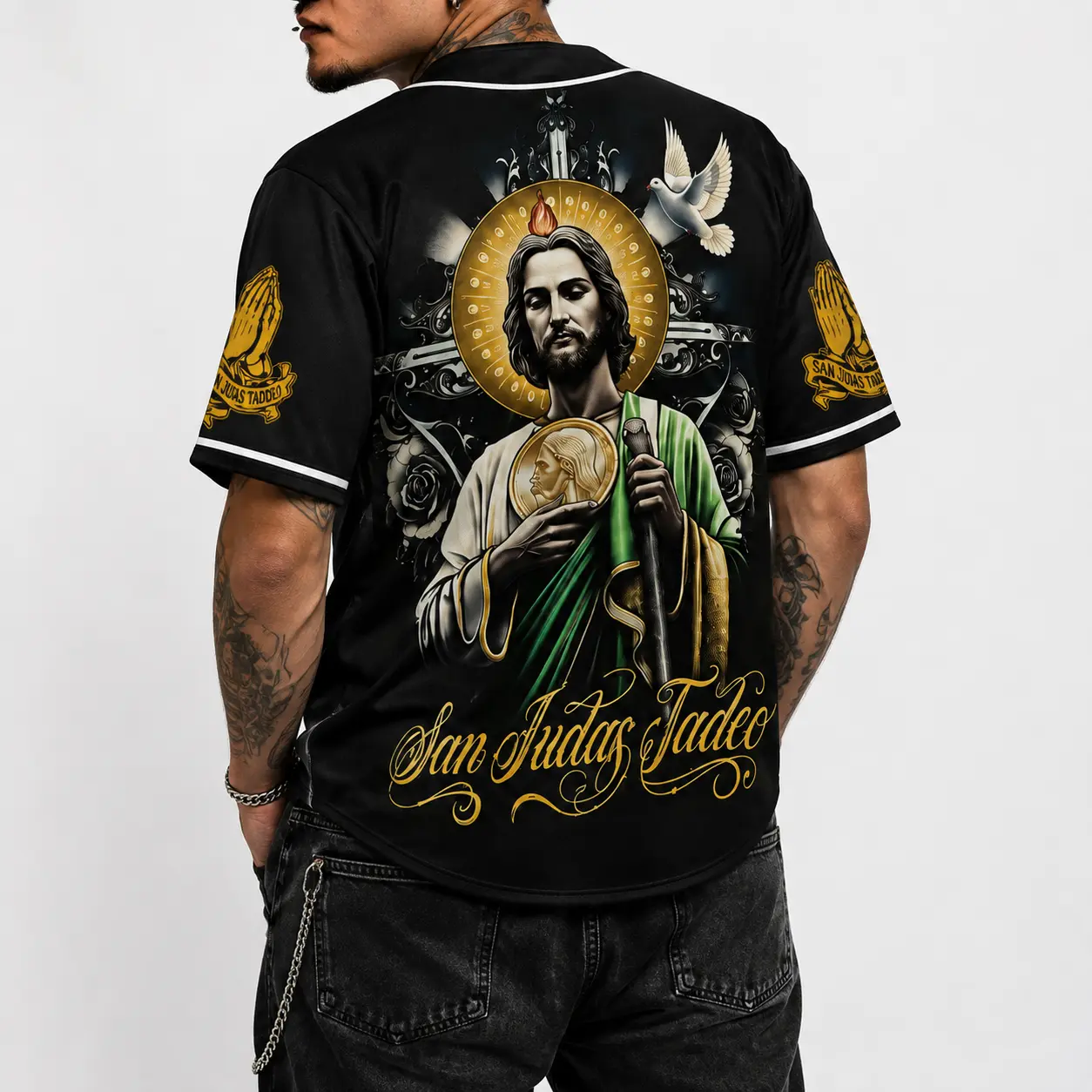 San Judas Tadeo Baseball Jersey for Men and Women - Saint Jude Christian Faith Button Down Jersey - Religious Catholic Graphic Baseball Shirt