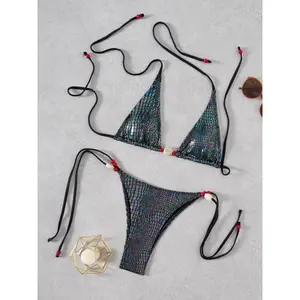 Shiny Brozing Snakeskin Print Micro Bikini 2026 Women Beaded String Push Up Tie Side Thong Swimsuit Beach Bathing Suit Swimwear