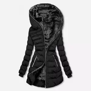 Women's hooded long sleeved warm wool lined cotton jacket with winter mid length zipper fluffy hooded jacket