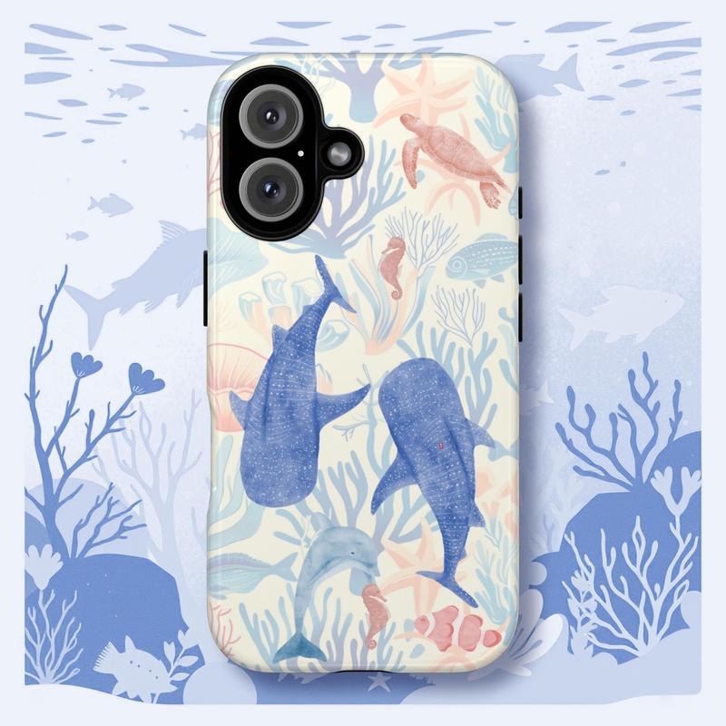 Whale Shark Coral Reef Tough Phone Case, Marine Life Cover, Sea Creatures, Dolphin, Turtle Applicable to iP15Promax ip14Pro mobile phone case 12 trendy brand 13 anti-fall cover 14Promax 15Pro cute Plus phonecase Accessories Acrylic casetify