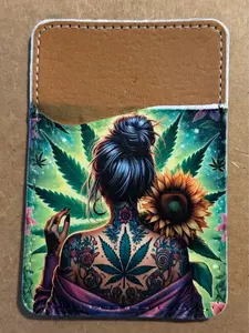 Customized Hand Crafted Phone Wallet - Personalized Sublimated Leather Design with Secure Adhesion & Vibrant Print Perfect for Branding & Promotional Giveaways Featuring Sunflower & Cannabis Artwork