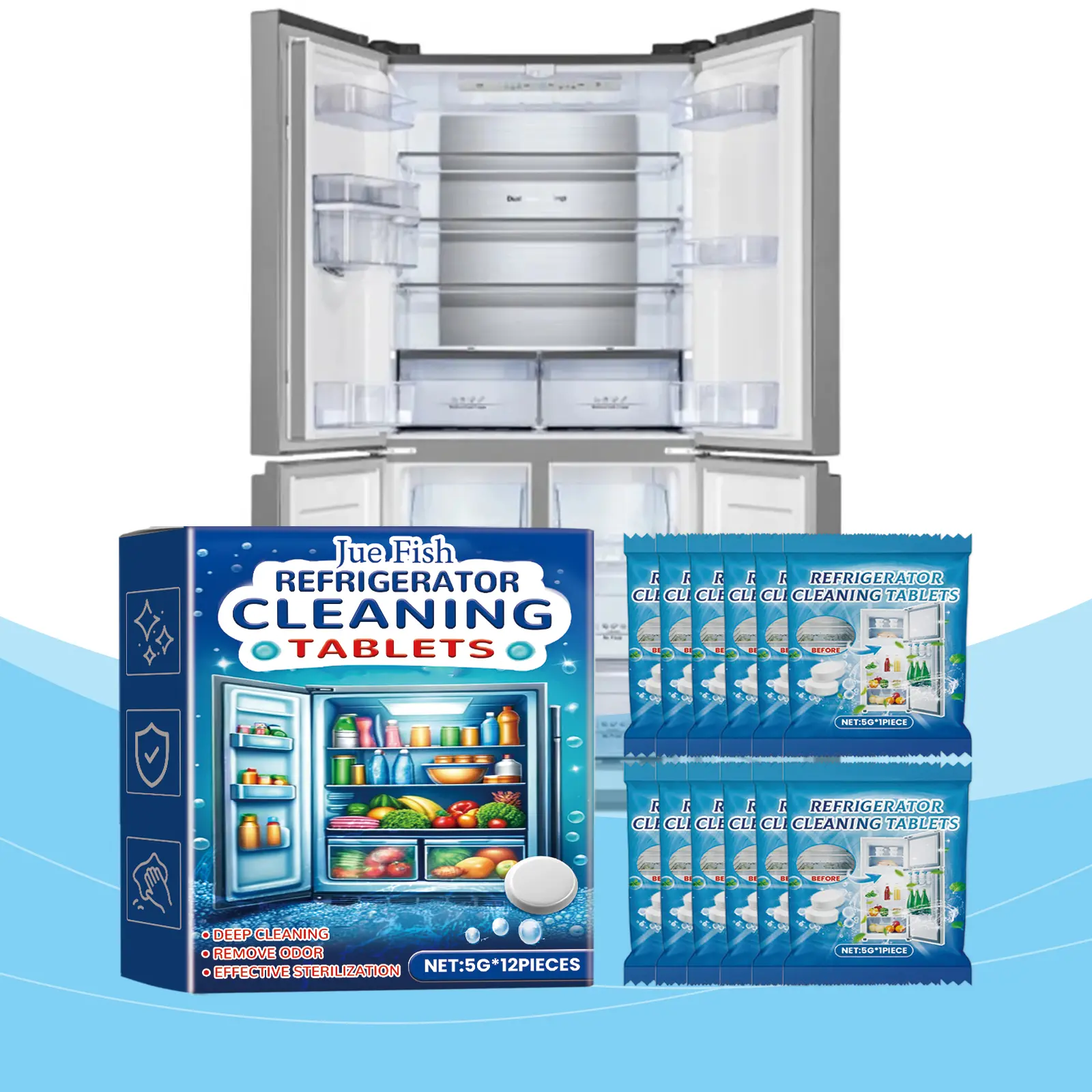 Jue-Fish Refrigerator Cleaning Effervescent Tablets Kitchen Refrigerator Cleaning Oil Removing Odor Removing Multi-Purpose Cleaning Plate Household Pot
