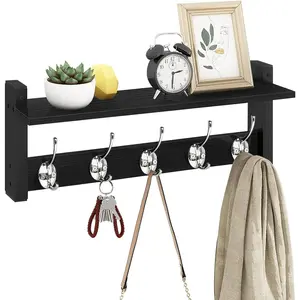Wall Coat Rack With Shelf,  Entryway Hanger With Hooks, Small Floating Pegs for Hanging Coats, Hats, Purses, Backpacks, Black