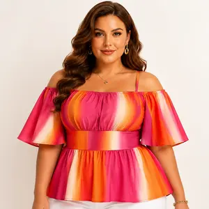 Plus Size Off Shoulder Blouse for Women Gradient Color Short Sleeve Peplum Top Flowy Summer Casual Shirt