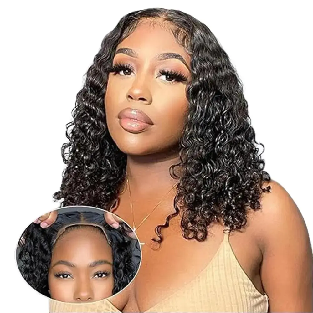 YMSGIRL 4x7 Glueless Deep Wave Lace Front Wig - Natural Black Human Hair, Short Length, Comfortable & Easy For Daily Wear, Perfect For Beginners