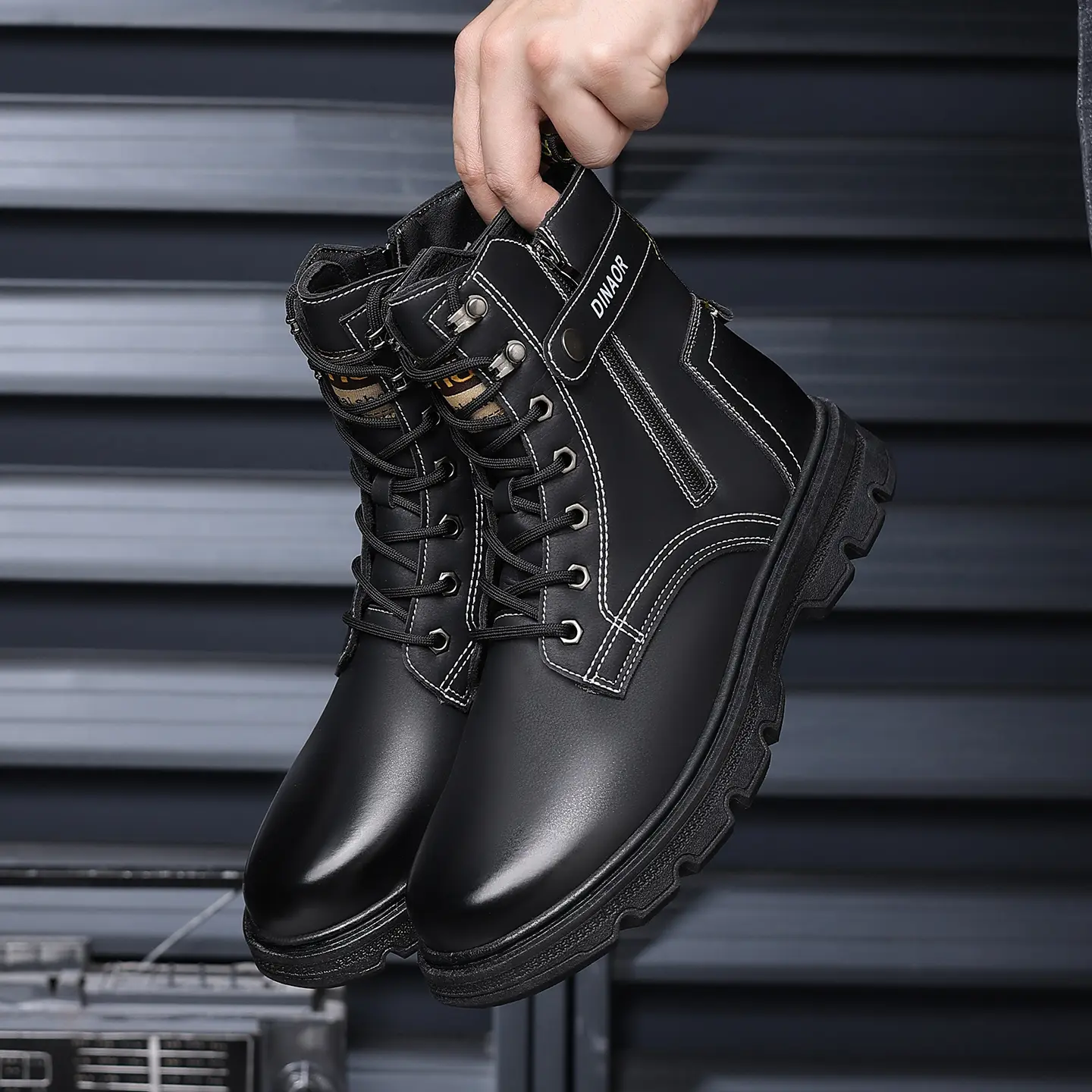 Black Leather Combat Boots Side Zip Lace Up Chunky Sole Work Military Style Mens BURUDANI Men main image 3