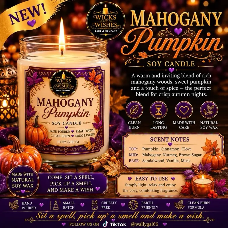 Wicks & Wishes Mahogany Pumpkin 10 oz Soy Candle with Lid - Home Decor, Aromatherapy Essential