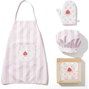 Apron and Chef Hat Set, 3 Pcs Children Cooking Baking Set Kits Role Play Chef Cooking Gift for Girls Boys (Pink)