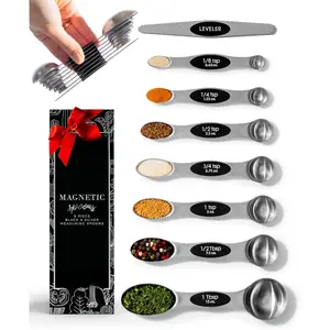 Stanless Steel  Measuring Spoons Set with Leveler - 8- Heavy Duty Metal, Dual Sided, Stackable, , Stainless Steel Measuring Spoons for Dry & Liquid Ingredient - Fits in  Jars