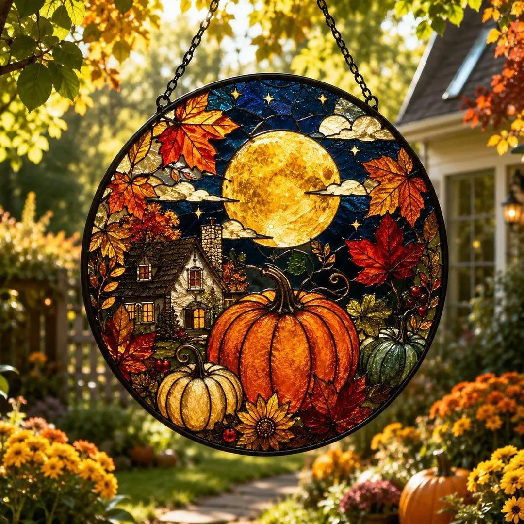 Harvest Moon Pumpkin Halloween Stained Glass Suncatcher, Autumn Maple Leaf Window Hanging Gift, Thanksgiving Cottagecore Wall Decor