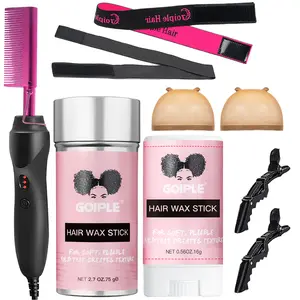 9 Count Hot Comb Set Pink Electric Hair Straightener and Curling Iron for Natural Black Hair Wigs with Wax Stick Wig Cap Soft Pliable