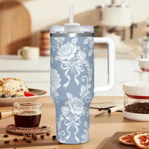 40oz Coquette Aesthetic Floral Insulated Tumbler with Handle and Straw Stainless Steel Travel Mug Keeps Drinks Cold Fits Car Cup Holders