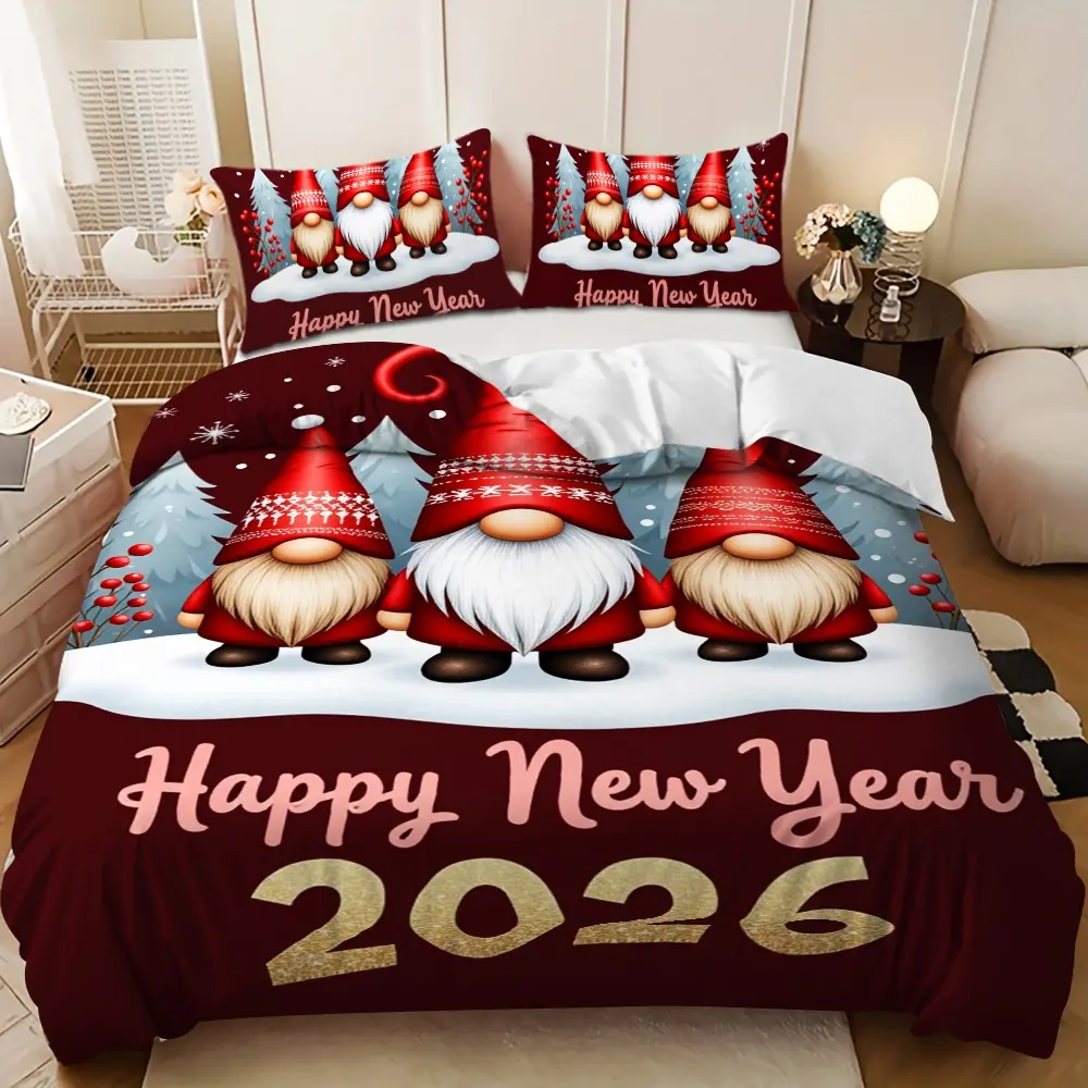 Bedding 3-piece set - 3PCS Happy New Year! Dwarf Elf Design Down Comforter Set1 duvet cover + 2 pillowcases, filling not included) A perfect gift for family, soft and comfortable, suitable for family bedrooms.