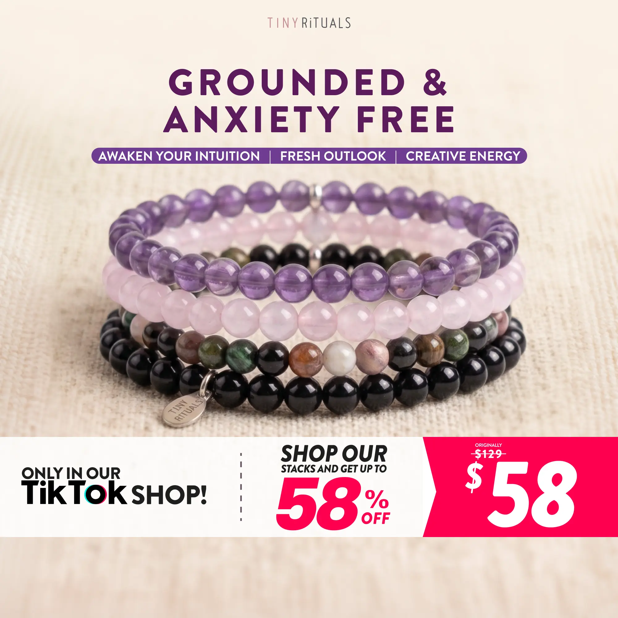 TINY RiTUALS Grounded & Anxiety Free Semiprecious Stone Bracelet-Anklet Pack, Jewelry Accessory for Stress Relief