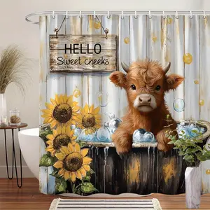 Rustic Highland Cow Shower Curtain with Sunflowers & Soap Bubbles - Playful Pastoral Bathroom Decor, Washable Polyester, Includes 12 Hooks, Perfect Gift, Bathroom Decor