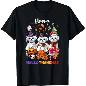 Maltese Dog Christmas Happy Hallothankmas Thanksgiving Dogs T-Shirt, 100% Cotton, Single Side Printed, Black Short Sleeve T-shirt, 1 pc, Christmas Halloween Thanksgiving Gift