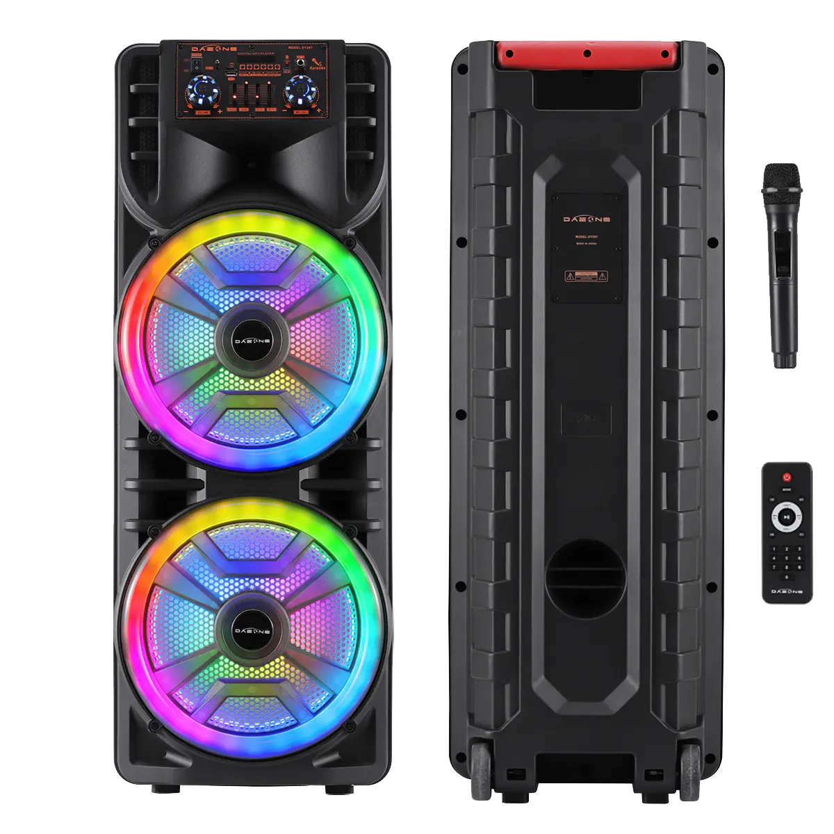 Portable Bluetooth Speaker & Karaoke Machine - TWS FM Portable PA System with Wireless Microphone, Professional Dual 12” Subwoofer with LED Lights Remote