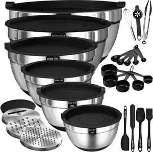 Thickened Heavy-Duty 26pcs Stainless Steel Bowl, Mixing Bowl Set with Lid, Grater Attachment, Non-Slip Bottom and Kitchen Gadget Set, Sizes 7, 4, 2.5, 2.0, 1.5, 1QT, Ideal for Mixing and Serving