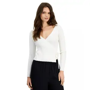 Lucy Women's Casual Long-Sleeve Nylon Knit Wrap Top - Surplice V-Neck, Lightweight Plain Paris Style, Black/White, Size M, Women's Clothes