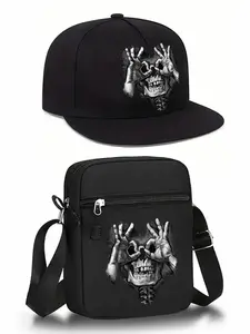 Halloween Skull Print Unisex Flat Brim Baseball Cap & Crossbody Bag Set, Street Style Outdoor Sports Hat and Shoulder Bag, Adjustable Gift