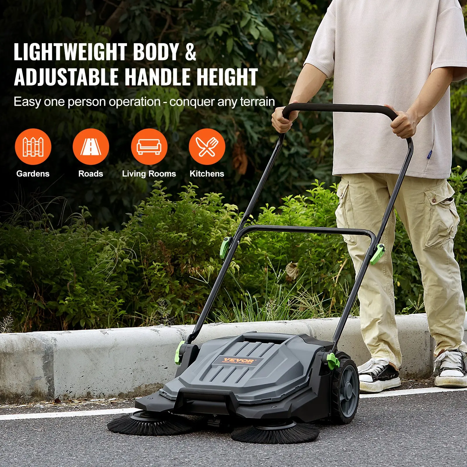 VEVOR Manual Walk-behind Hand Push Floor Sweeper, 25.6" Sweeping Width, 5-Gallon Waste Container, Angle & Height Adjustable Folding Handle for Walkway, Garage, Angle Adjustable Handle