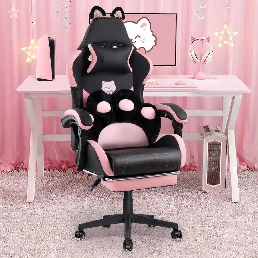 Cute Gaming Chair, Ergonomic Reclining PC And Office Chair, With Cat Ears And Cat Paw Lumbar Support, Headrest, Footrest, And Adjustable Features, [Weight Capacity]