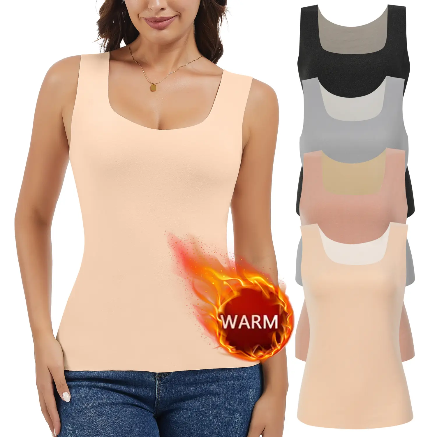 Women's Thermal Underwear Tank Top - Sleeveless Fleece-Lined Crew/Square Neck Undershirt, 92%Polyester 8%Elastane Warm Essential Base Layer Camisole with Wide Shoulder Straps, Cold Weather Outdoor Activities Mobility Fabric, Style, Basic