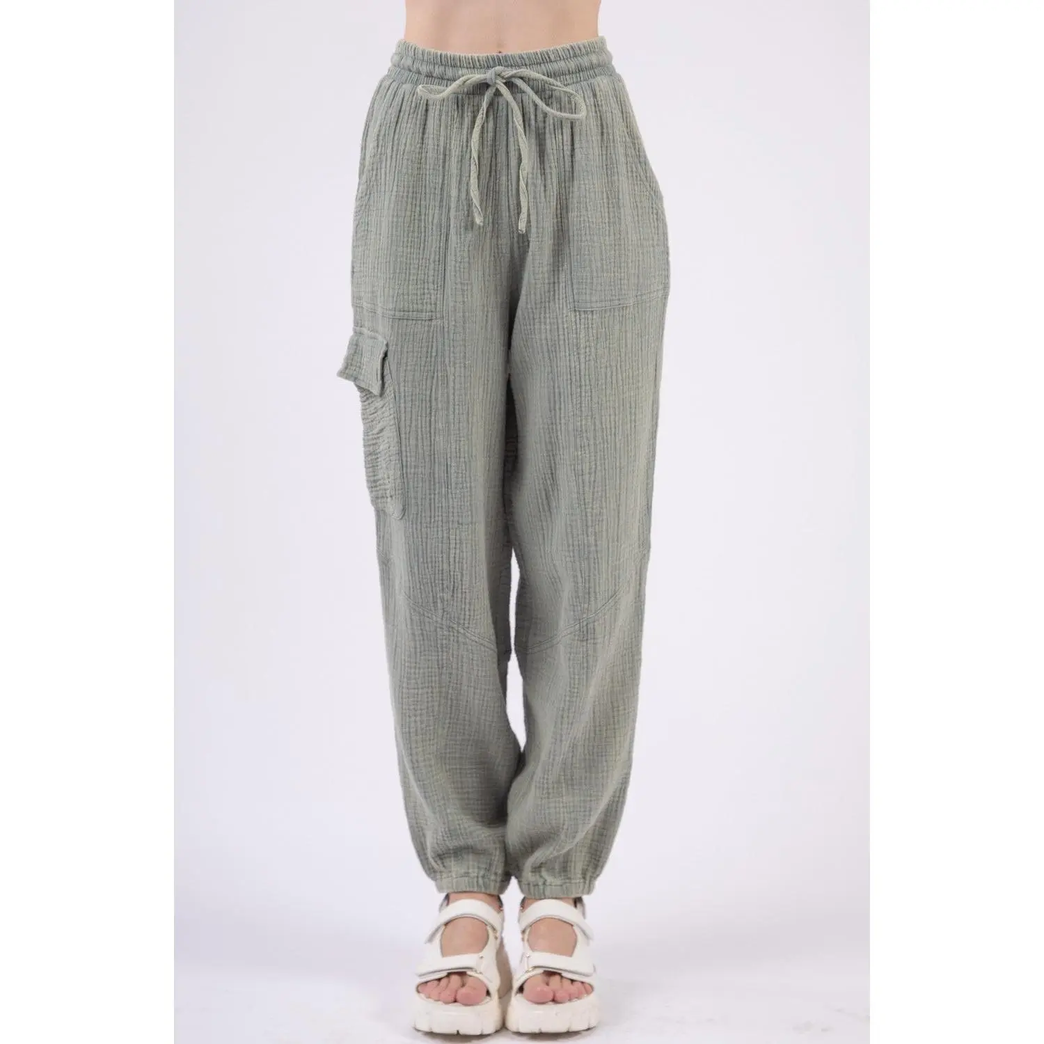 VERY J Washed Woven Crinkle Gauze Drawstring Pants