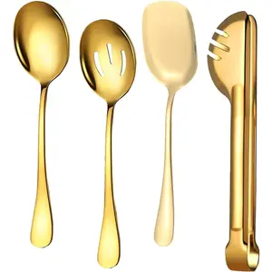 4 Pcs Large Serving Spoon Set Gold Stainless Steel Kitchen Tongs Slotted Spoons Shovels for Buffet Parties Wedding Dinner
