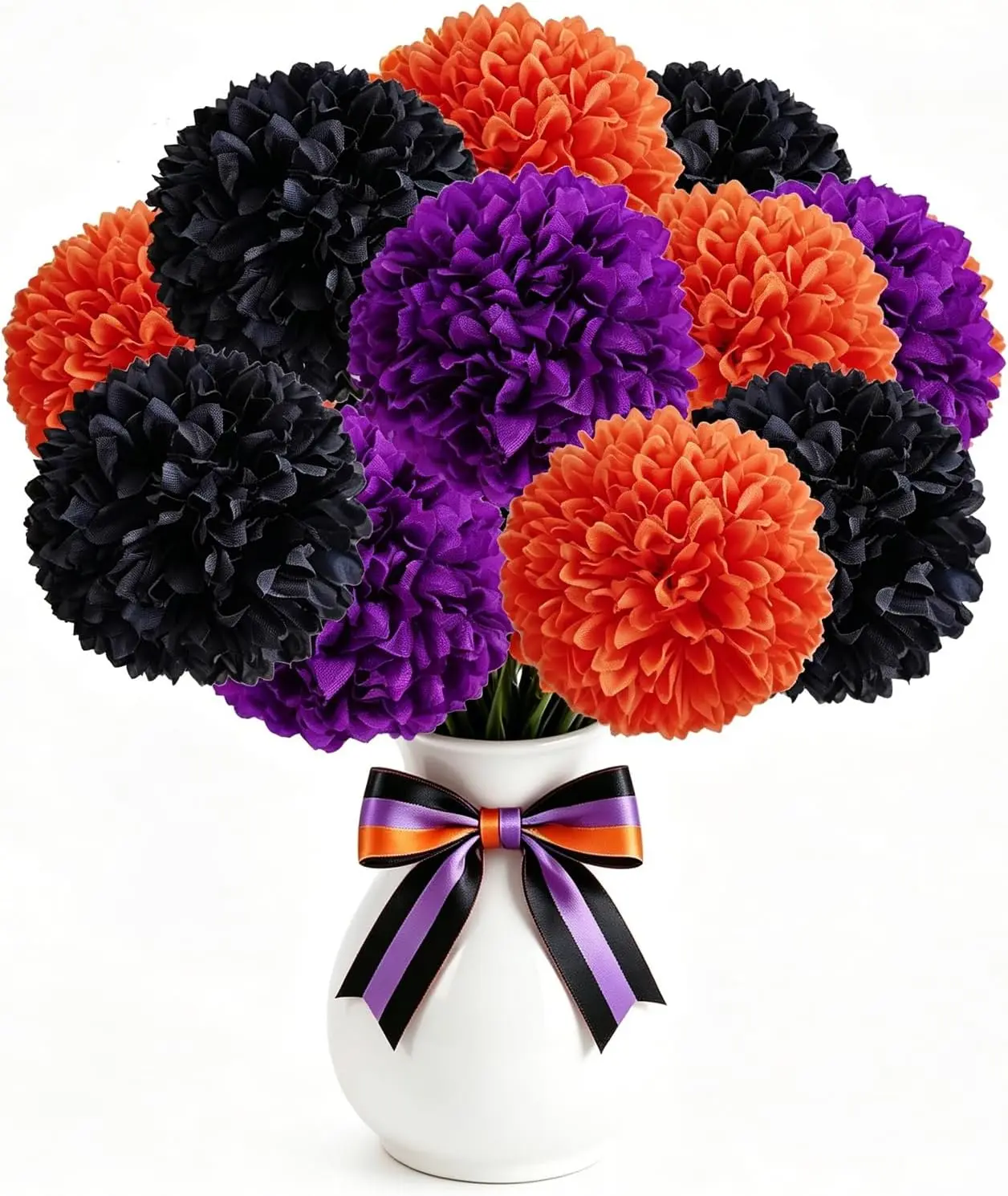 12PCS Halloween Artificial Flowers Halloween Chrysanthemums Ball Silk Flowers Black Orange Purple Fake Hydrangea for Halloween Party Home Table Centerpieces Vase Decor