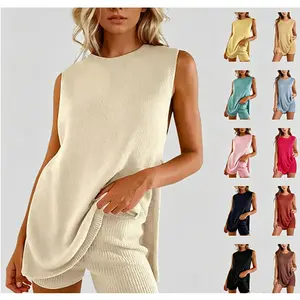 Women's  2 Piece Outfits Summer Knit Sweater Set Sleeveless  Tunic  Top Matching Shorts Trendy Beach Vacation Sets