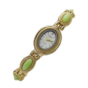 Naidu Vintage Oval Faux Gemstone Bracelet Watch for Ladies - Gold Tone Quartz Movement, Adjustable Fit, Roman Numeral Dial, Elegant Gift for Her
