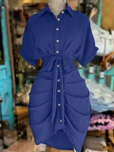 Women's Lapel Single-Breasted Belted Waist Short Sleeve Shirt Dress, Summer Fashion Casual Wear, Stylish Women's Clothing